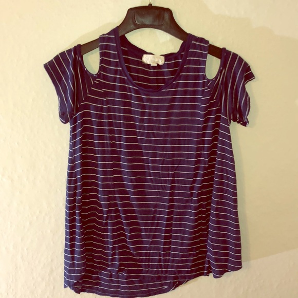 Blue and White Striped Open Shoulder Tee - Picture 1 of 8